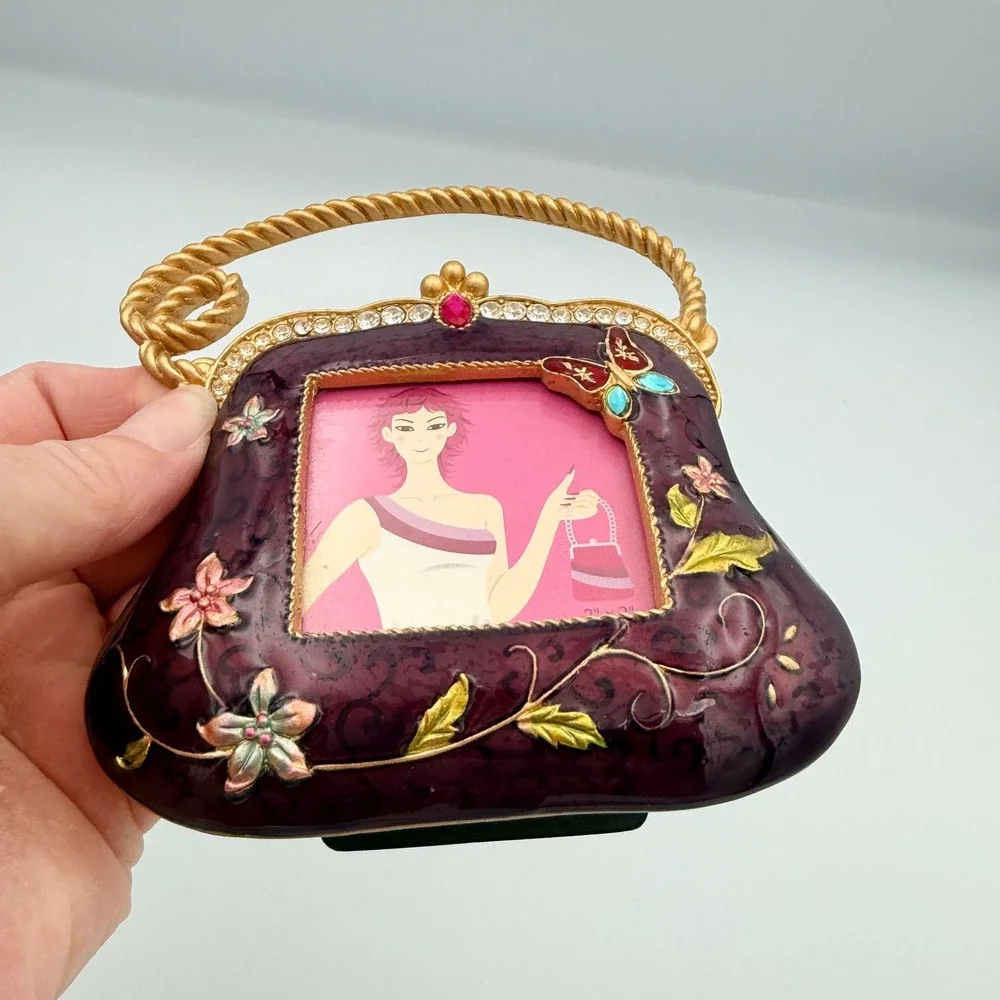 Vintage Style Purple Enamel Purse Picture Frame Butterfly Floral Gold Tone 2x2